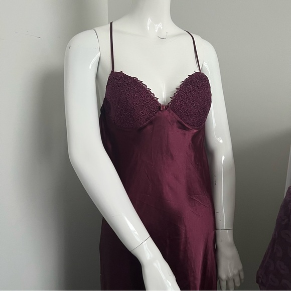 Vintage Burgundy Satin Lace Trim Maxi Slip Dress • Romantic Evening 44/ L - Picture 5 of 9